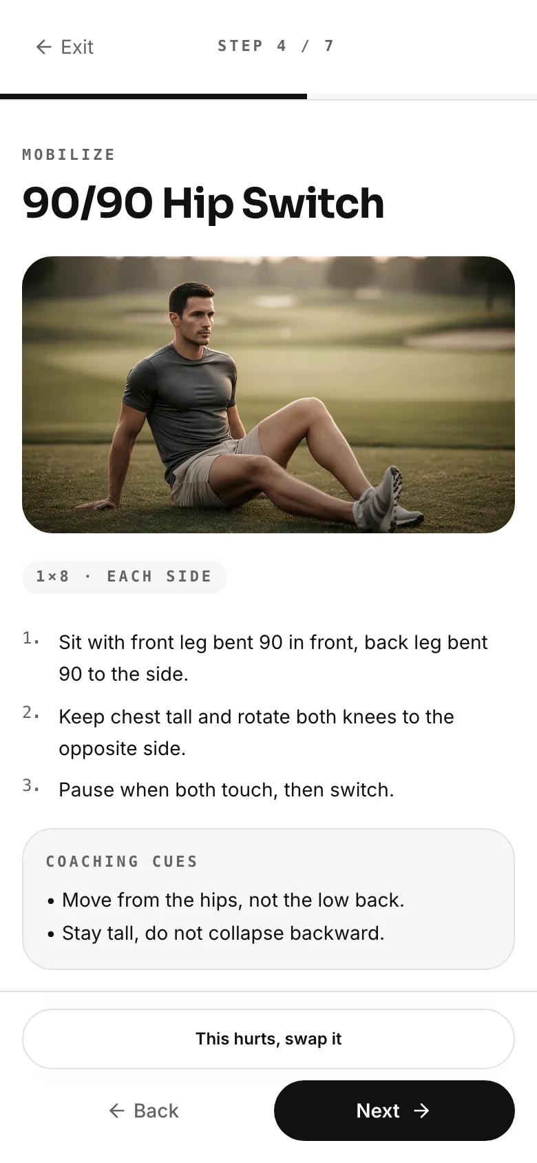 A FitCaddie session with the one-tap this hurts swap